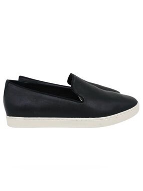 Birdies Black Leather Slip-On Flats with White Sole
